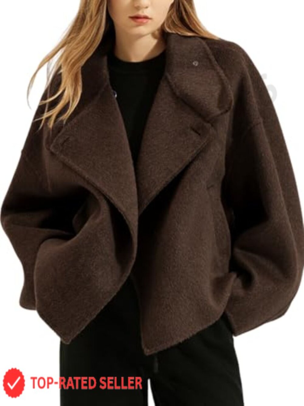 Women Cropped Wool Blend Pea Coat Notch Lapel Long Sleeve Casual Winter Jacket